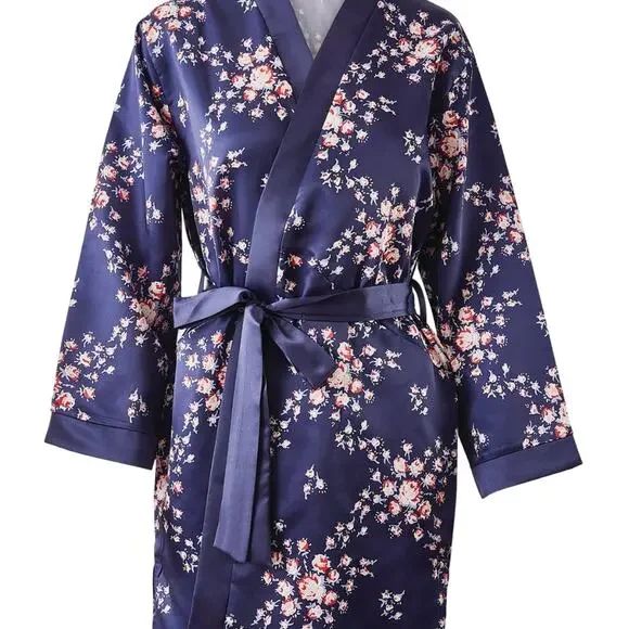 Morgan Lane Navy Pink Floral Satin Tie Close Silky Lounge Allie Robe Size Small